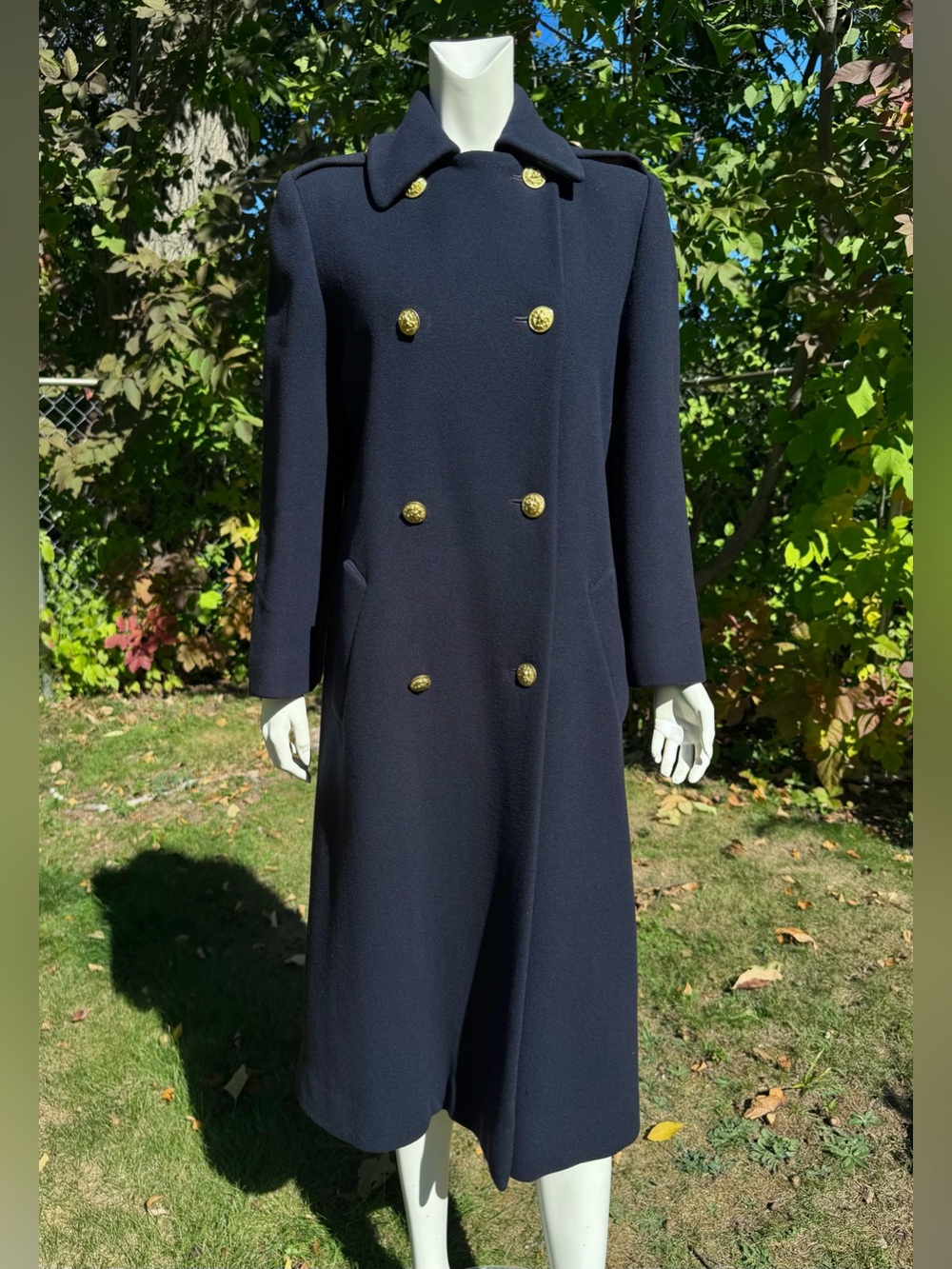 Perry Ellis Vintage Coat Long Wool Double Breasted Brass Buttons Navy Women’s